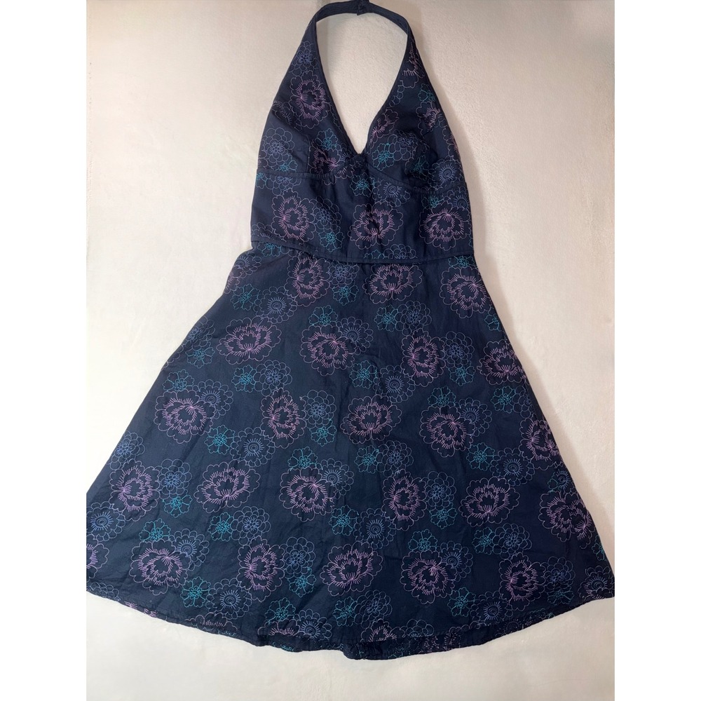 Amanda Smith Petite Vintage Y2K Navy Floral Embroidered Halter Dress 10P Cotton - Picture 5 of 8